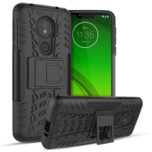 Dual Layer Rugged Tough Case & Stand for Motorola Moto G7 Power - Black